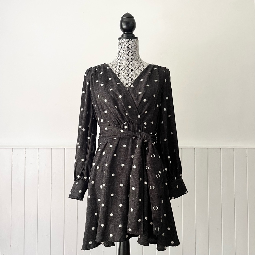 Zara Polka Dot Surplice Neck Long Sleeve Fit & Flare Dress Size M